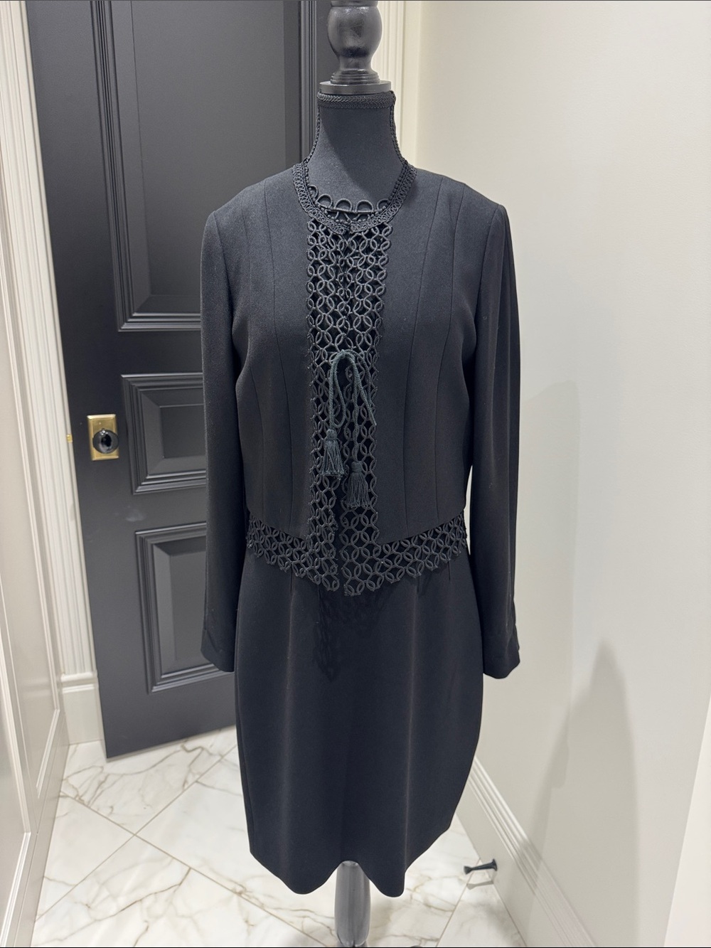 Elie Tahari Black Sleeveless Midi Dress and jacket with Crochet Yoke